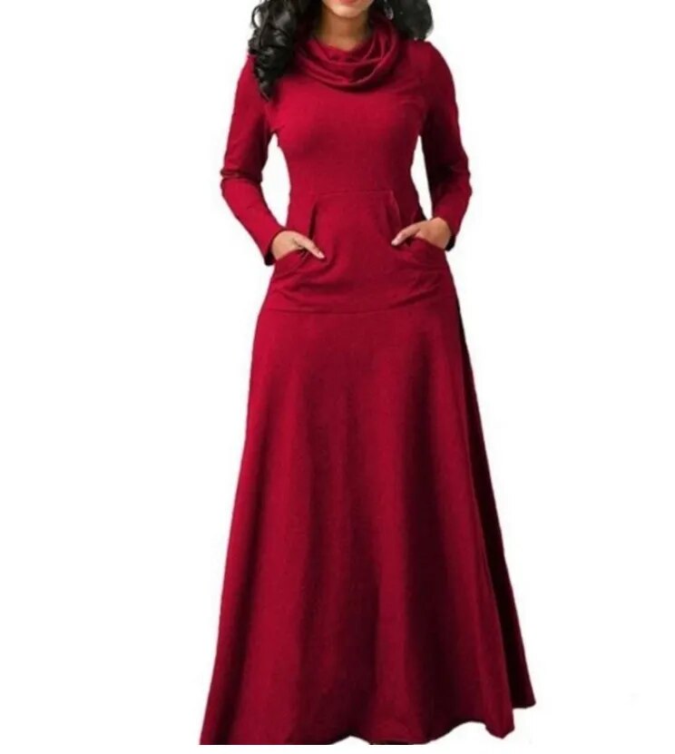 Plus Size 5XL Elegant Long Maxi Dress Autumn Winter Warm High Collar Women Long-sleeved Dress 2023 Woman Clothing With Pocket