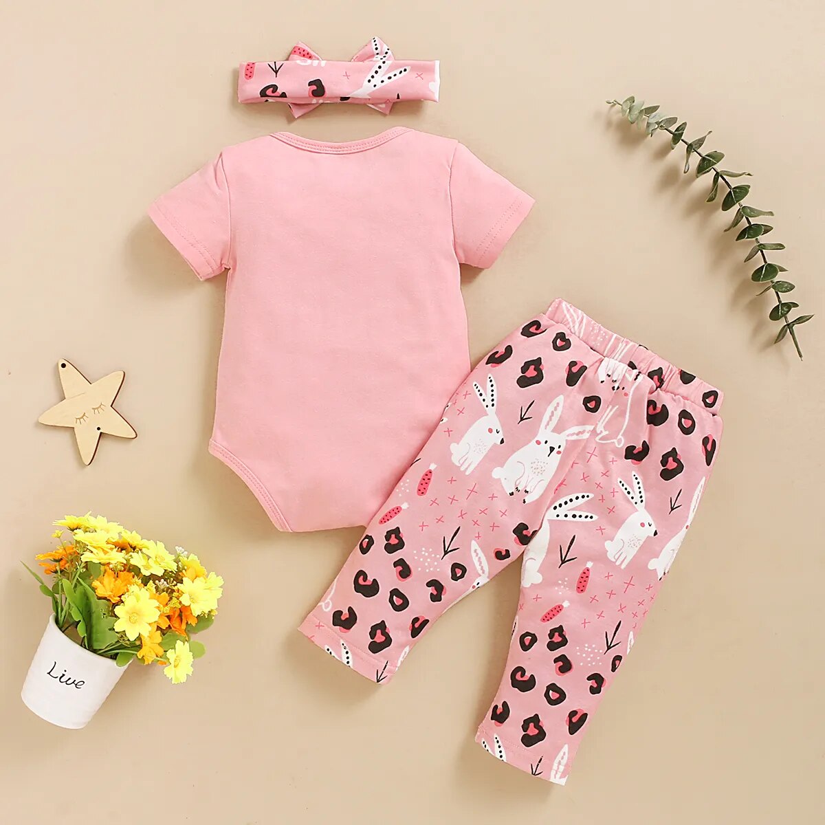 Newborn Baby Girls Romper Set Cute Rabbit Print Romper Pants + Pants with Bowknot 3Pcs Baby Girl Outfit Set Summer Casual Outfit