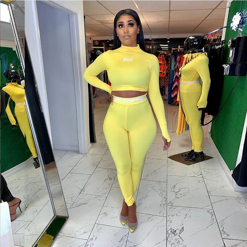 Women Sports Fitness Two Piece Set Long Sleeve Slim Fit Crop Tops + High Waist Pants Female Bodycon Pant Outfits Streetwear