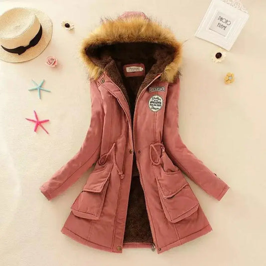 Women Autumn Winter Cotton Jacket Slim Warm Wadded Hooded Parkas Casual Mid Coats Emboridery Female Thick Outwear Overcoat