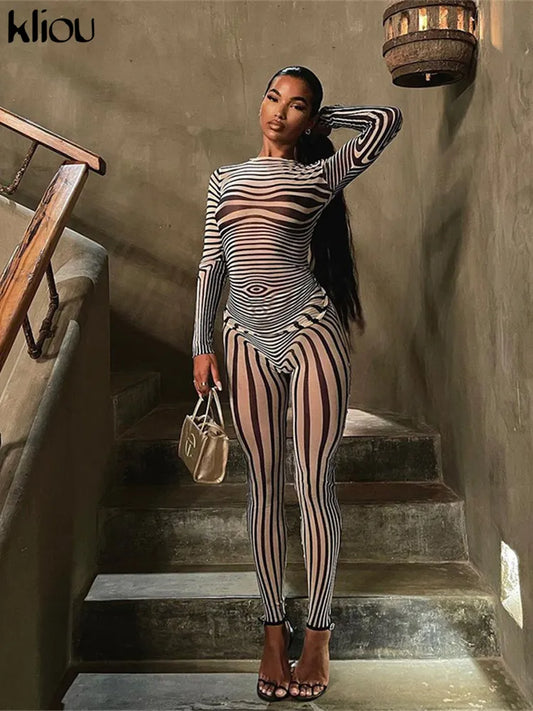 Kliou Mesh Striped Two Piece Set Women Sheath Body-Shaping High Street Sexy Hipster Long Sleeve O-Neck Female Streetwear Outfits