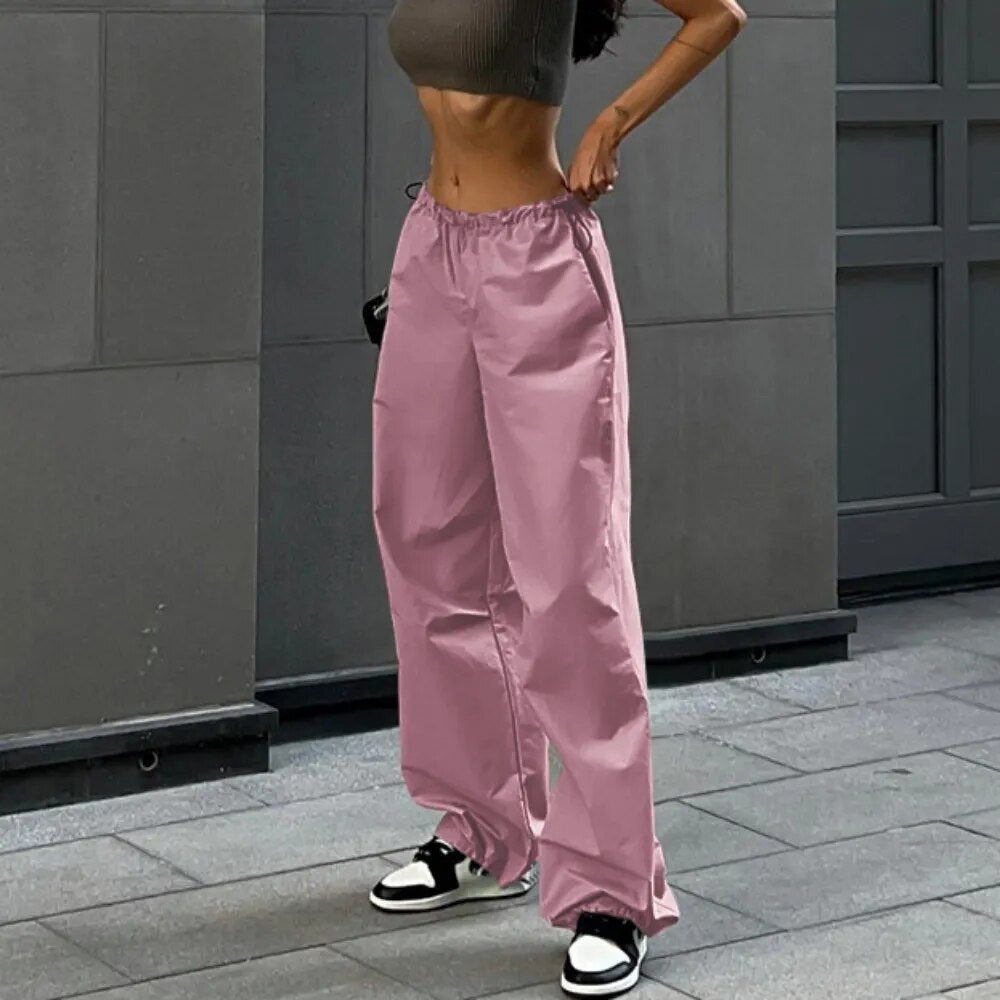 Women Pants High Waist Vintage Solid Loose Streetwear Baggy Retro Sporty Pockets Wide Leg Y2K Trousers Overalls