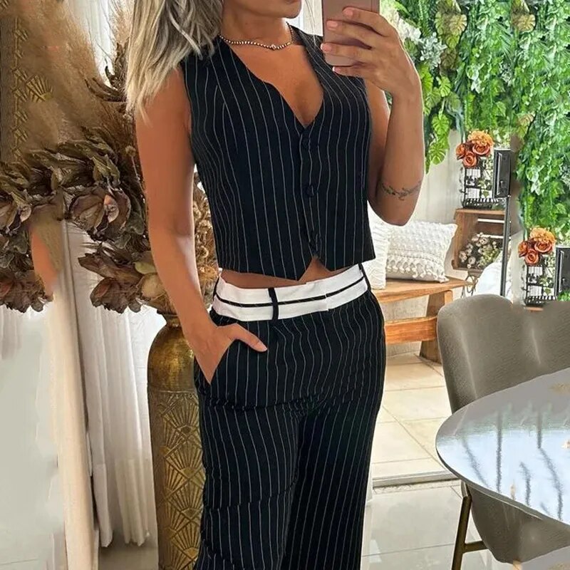 Wefads Two Piece Set For Women Commuting V Neck Sleeveless Strip Printed Single Button Top Straight Pants Sets Streetwear