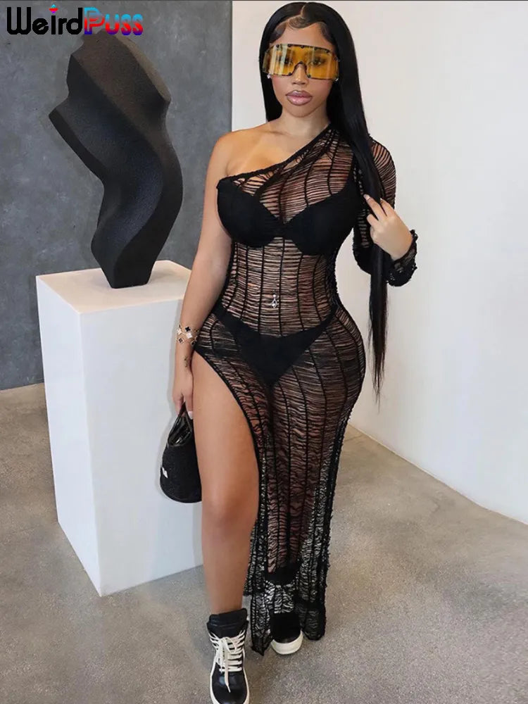 Weird Puss Knit Hollow Dress Women One Shoulder Crochet See Through Sexy Bodycon Side Split Midnight Party Stretch Prom Clubwear