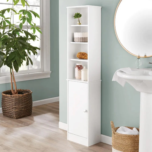 White Bathroom Storage Linen Tower with Mix of 6 Open and Concealed Shelves, Storage Cabinet, Toilet Lockers