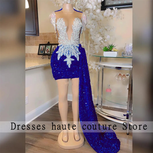 Royal Blue Sequins Beaded Short Mermaid Prom Dresses 2023 With Train Mini Cocktail Gowns Robe De Bal