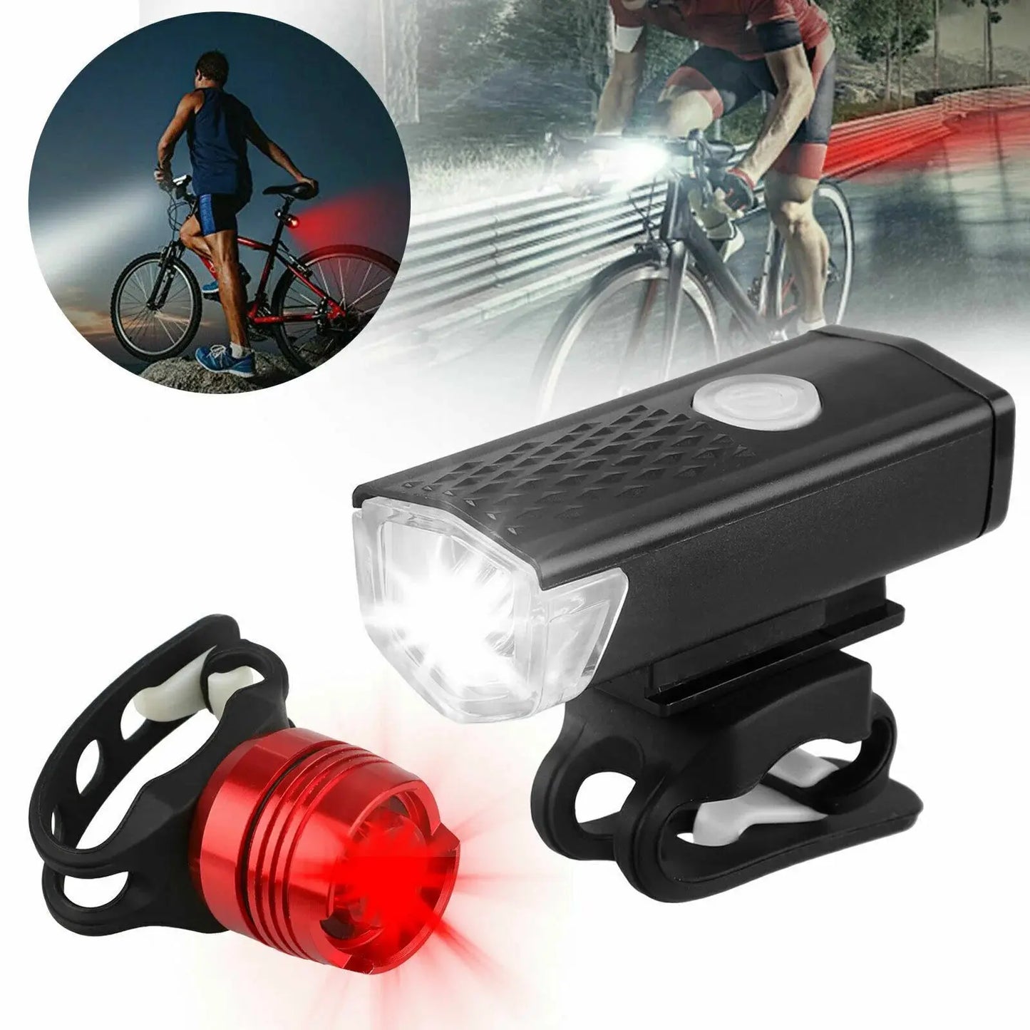 Rechargeable Bicycle Bike Headlight Rear Taillight Set USB LED Light Front Lamp