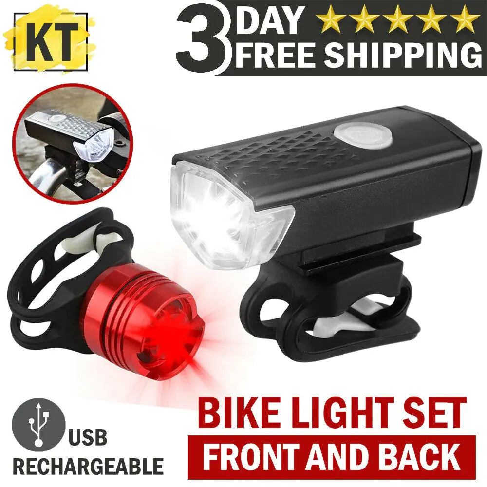 Rechargeable Bicycle Bike Headlight Rear Taillight Set USB LED Light Front Lamp