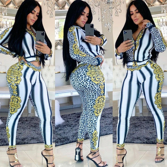 Leopard Striped Print Two Piece Set Tracksuit Womenpper Jacket and Pants Sportswear