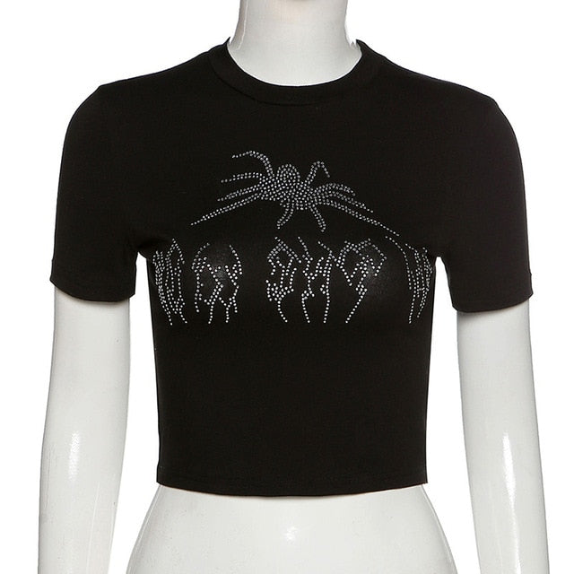 Punk Vintage Rhinestone Spider Graphic Black T-Shirts Mall Goth Y2K O-Neck Short Sleeve Crop Tops E-Girl Aesthetics Tees