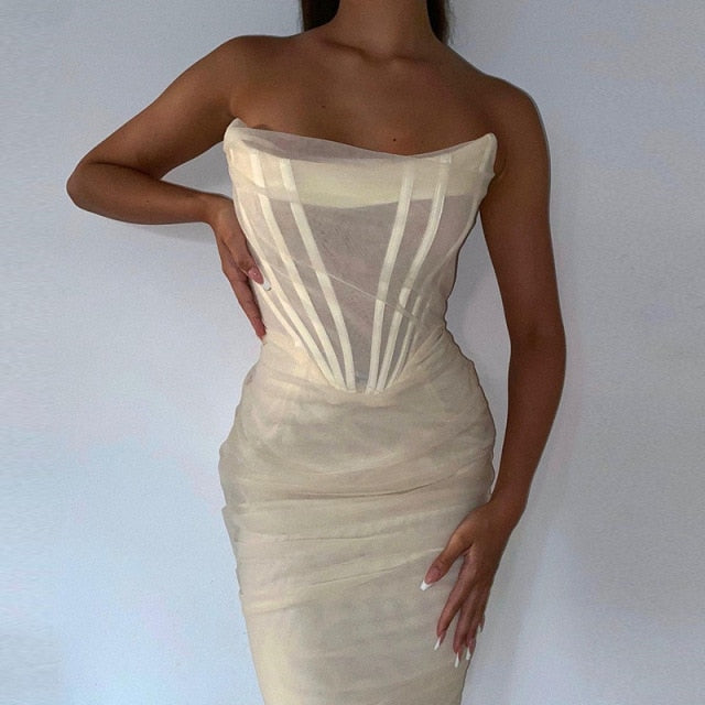 Voguable Elegant Corset Bustier Bone Ruched Mesh Midi Dresses Party Night Club Sexy Backless Strapless Summer Dress Bodycon